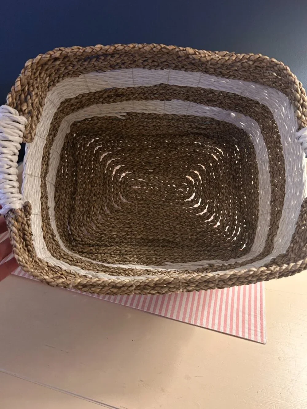 Rattan White and Tan Striped Basket With Handles
